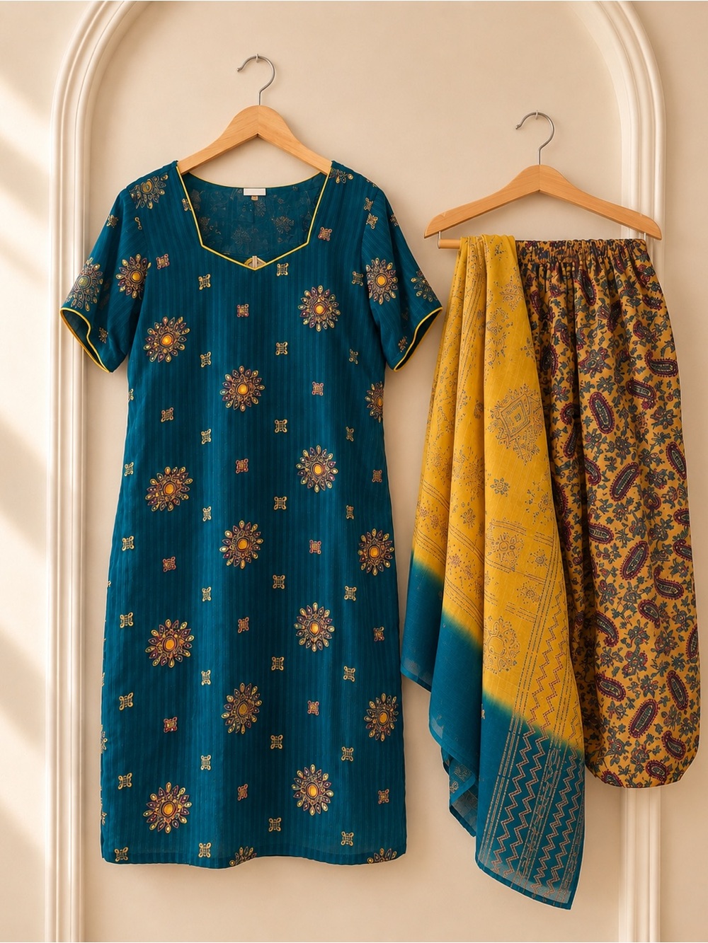 Teal Floral Printed Kurta Set with Mustard Dupatta